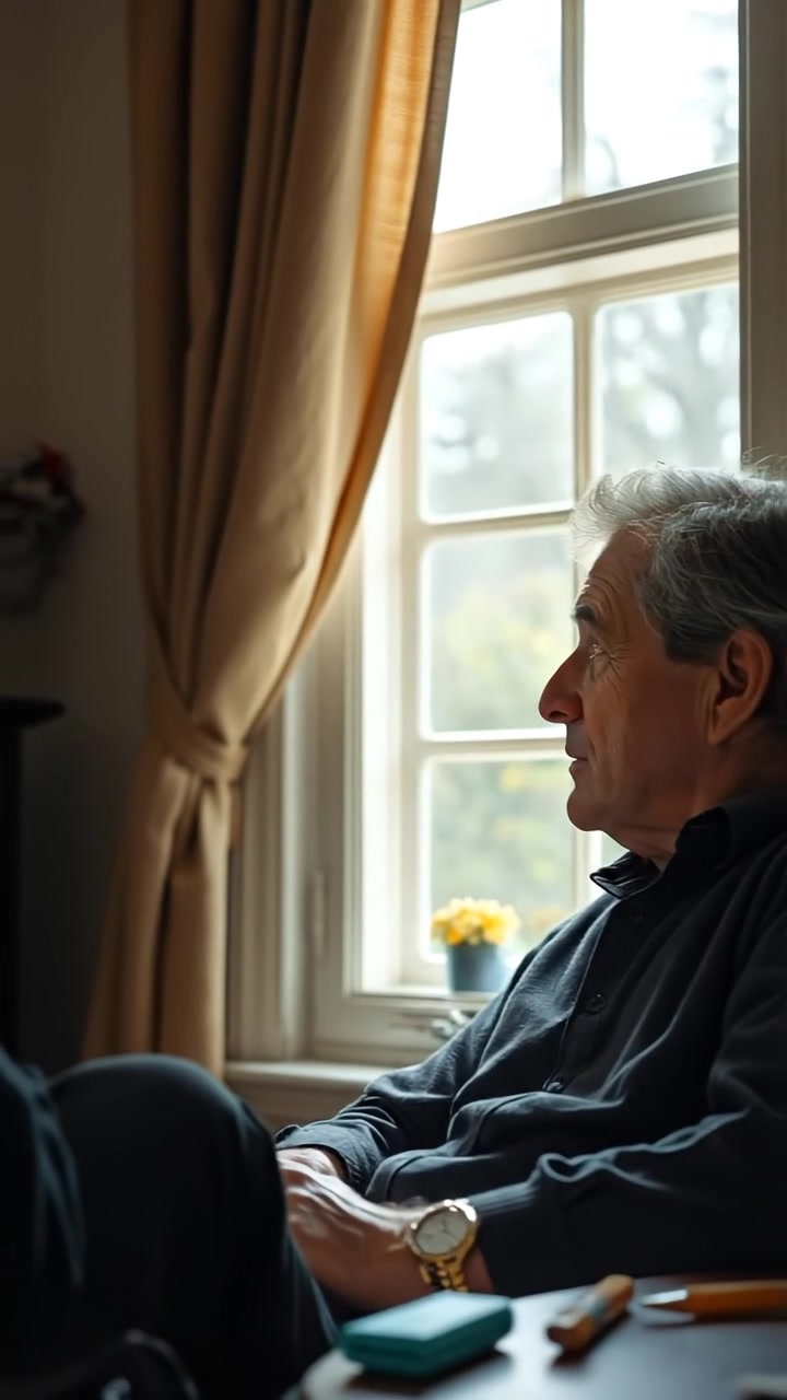 An elderly gentleman named Mark seated in a warmly lit room, gazing thoughtfully out of an open window. The scene features soft natural light, detailed textures, and gentle camera movement capturing his reflective mood. The background audio features calm ambient sounds of nature.