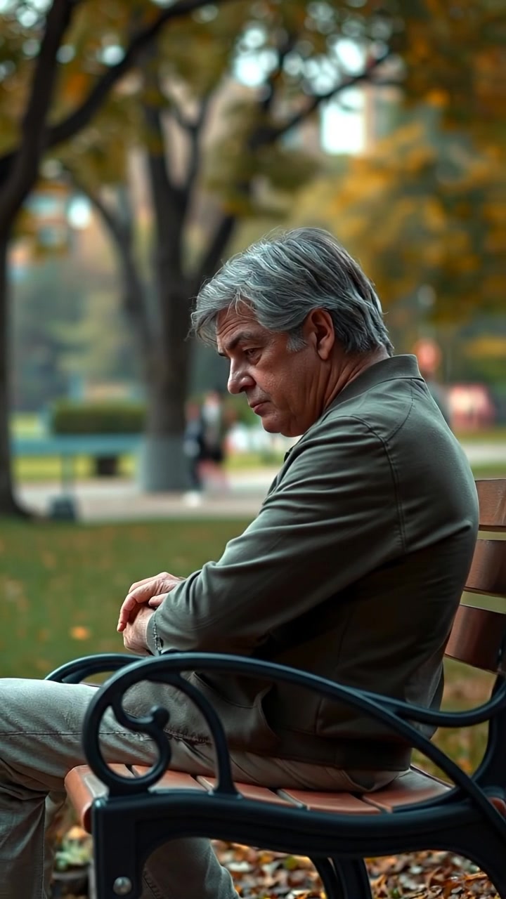 Mark sitting on a park bench, gazing thoughtfully at the ground, surrounded by lush greenery under soft natural lighting, with high detail and smooth camera movement capturing a reflective moment. The background features gentle rustling leaves and distant city sounds, with peaceful ambient music.