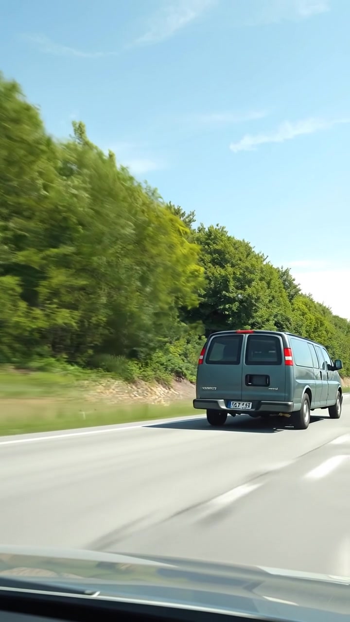 A man driving a pickup van along a highway lined with lush green trees under a bright blue sky, captured in high detail with smooth camera movement and natural lighting. The scene exudes a serene, outdoor atmosphere. The audio features gentle wind and distant nature sounds.