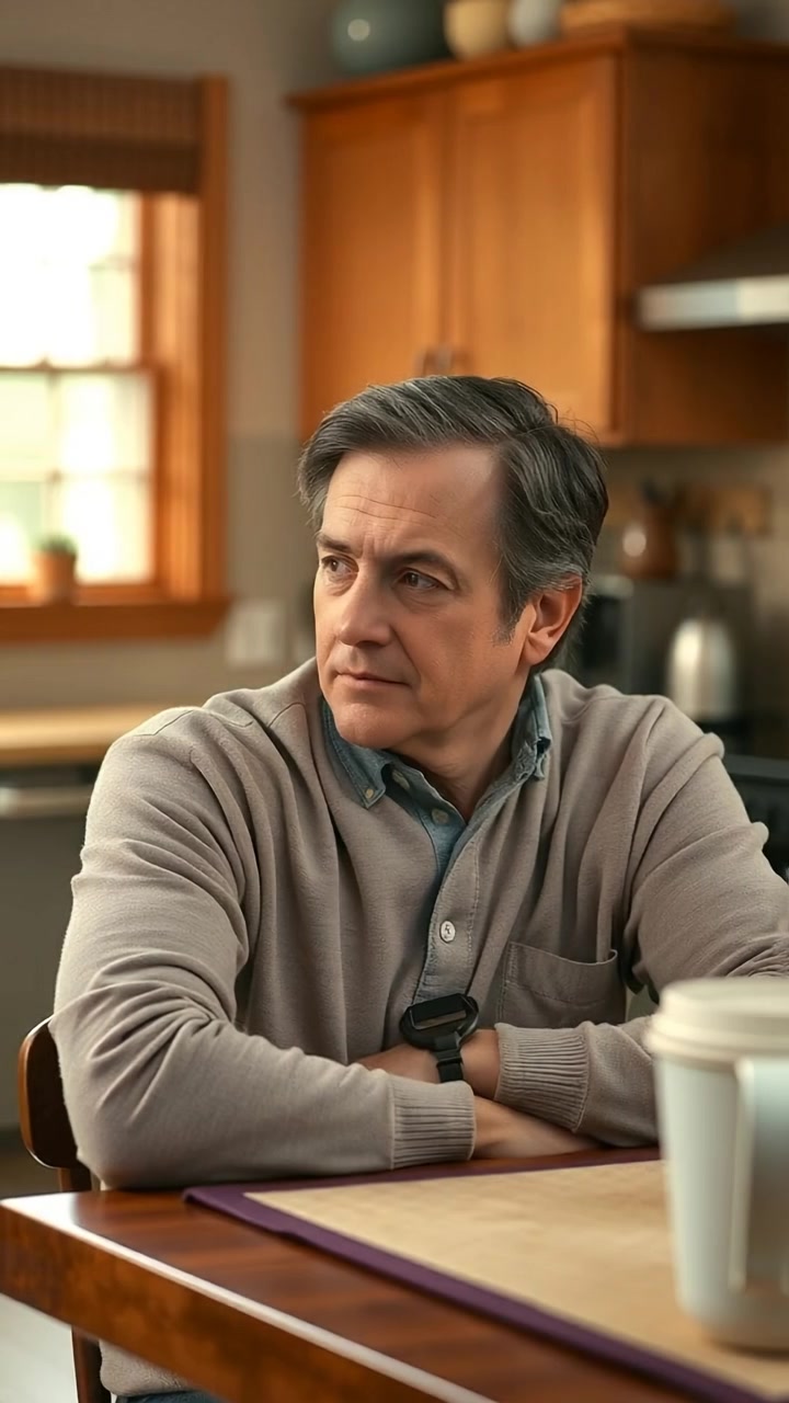 Mark sitting at a cozy kitchen table during natural daylight, his thoughtful expression illuminated by soft shadows, with detailed textures on the wooden surface and subtle ambient lighting. The scene features a warm, inviting atmosphere with a gentle camera dolly movement. The background ambient sound is of quiet kitchen ambiance.