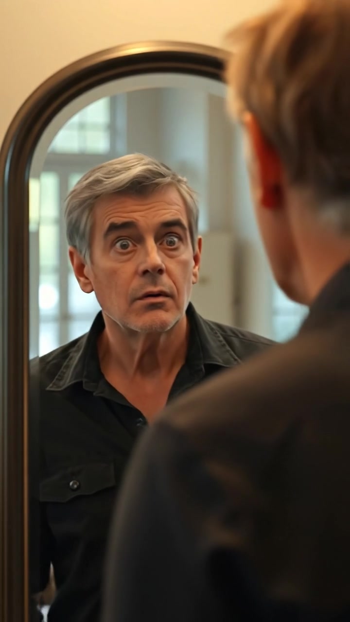 A man stands before a mirror, eyes wide in surprise, captured with soft overhead lighting and high detail. The smooth camera glides gently, emphasizing his expression, with a neutral indoor background subtly illuminated. The background features gentle ambient light, and the audio features soft ambient music.