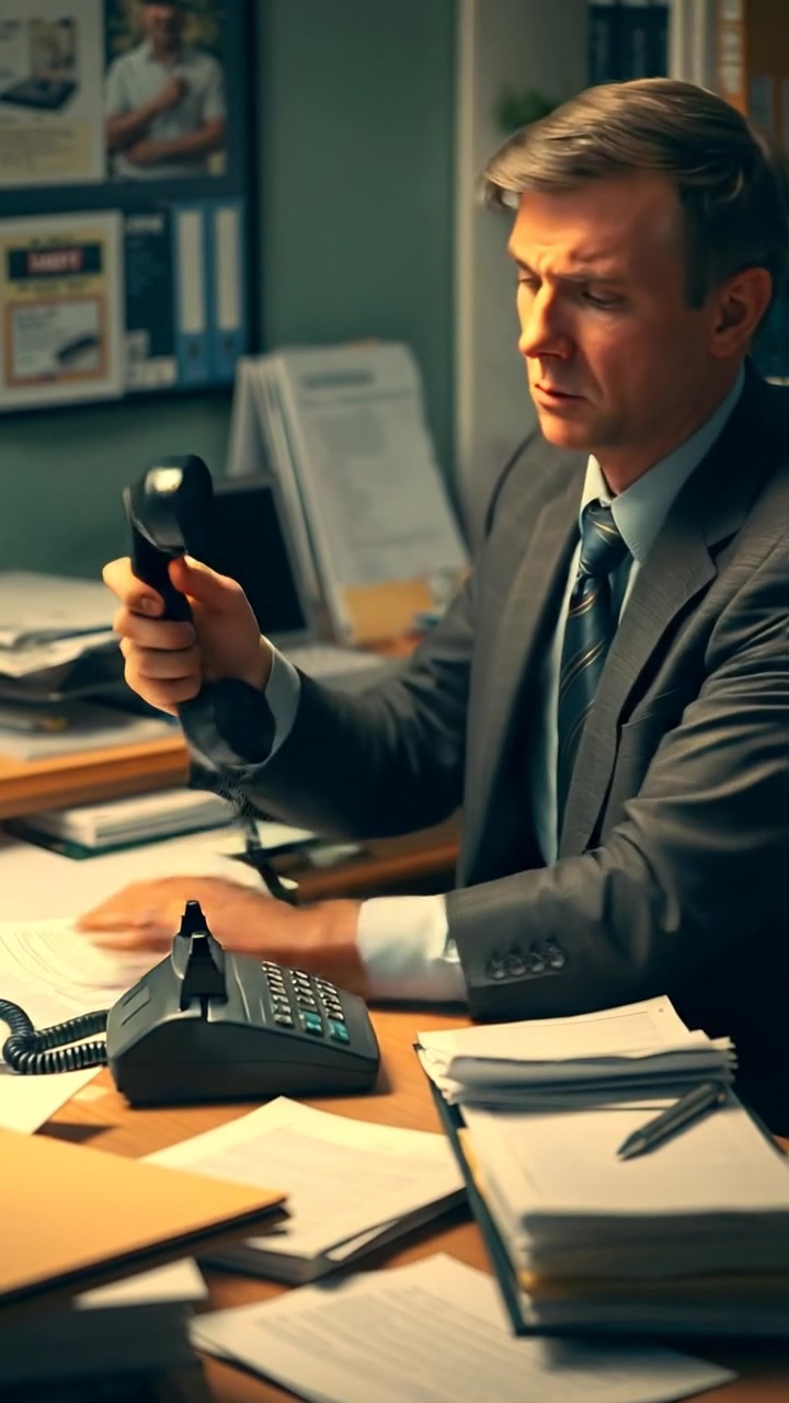 A man named Mark sits frustrated at his cluttered desk amidst towering piles of papers, with a ringing phone nearby. The scene is captured in natural, soft lighting with smooth camera movements, emphasizing his expressive gestures in a chaotic office environment. The background features ambient office sounds.