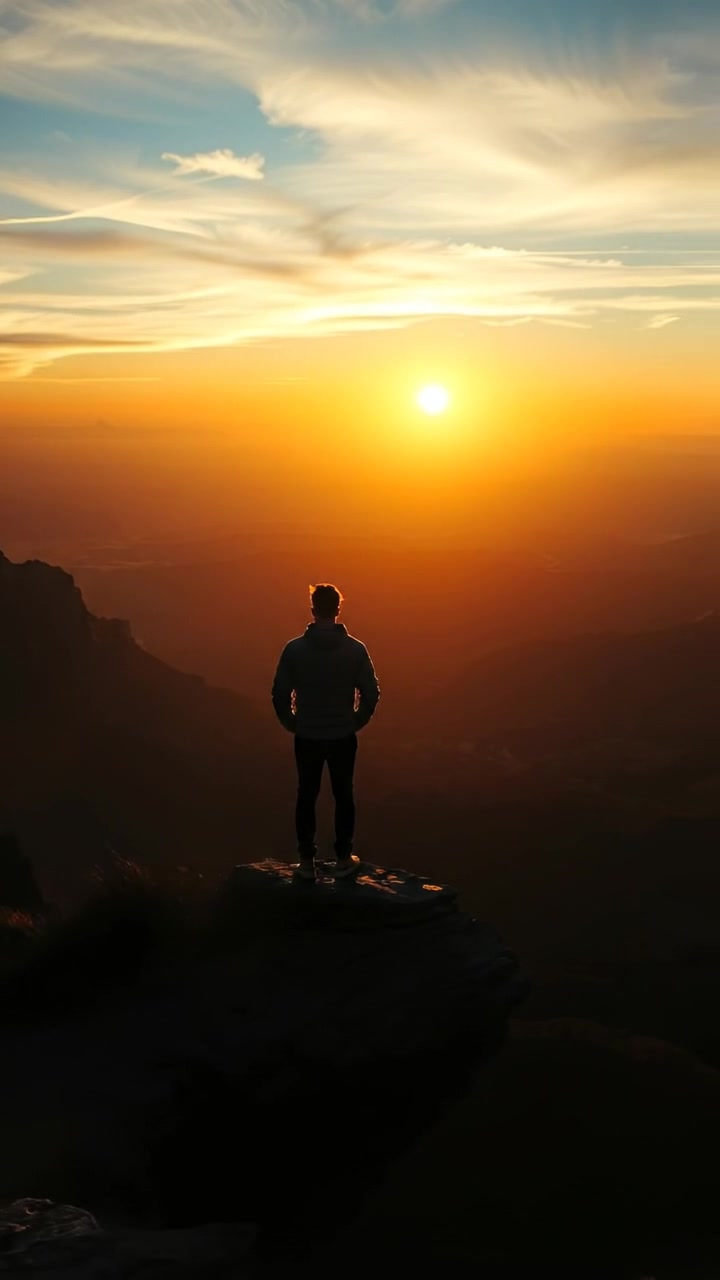 Silhouette of a man standing on a rugged cliff, gazing over an expansive landscape during a vibrant sunset, bathed in warm, golden tones. The scene features soft shadows and gentle breezes, captured with smooth camera motion and natural lighting. The background features the calming sound of gentle waves.