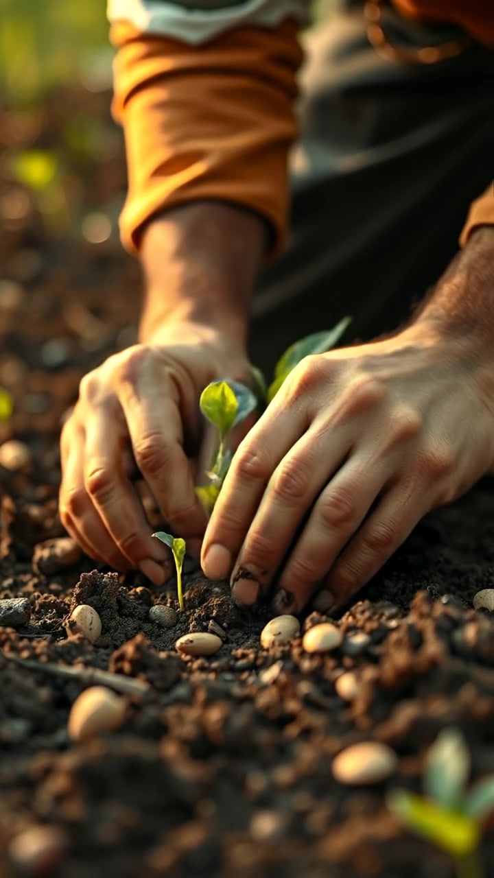 Close-up of a farmer's hands planting seeds into lush, rich soil under soft natural light, with detailed textures of earth and skin, smooth camera glide emphasizing gentle motion, warm tones creating an earthy ambiance. The background features a serene farm landscape, accompanied by the subtle sounds of wind and distant birds.