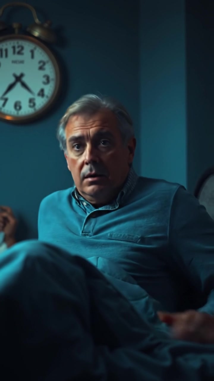 A dimly lit bedroom with a clock showing late night hours, Mark sitting up in bed, looking concerned. The scene is illuminated by soft, warm lighting, capturing a sense of quiet tension. The camera slowly zooms in, and background sounds include faint nighttime ambient noise.