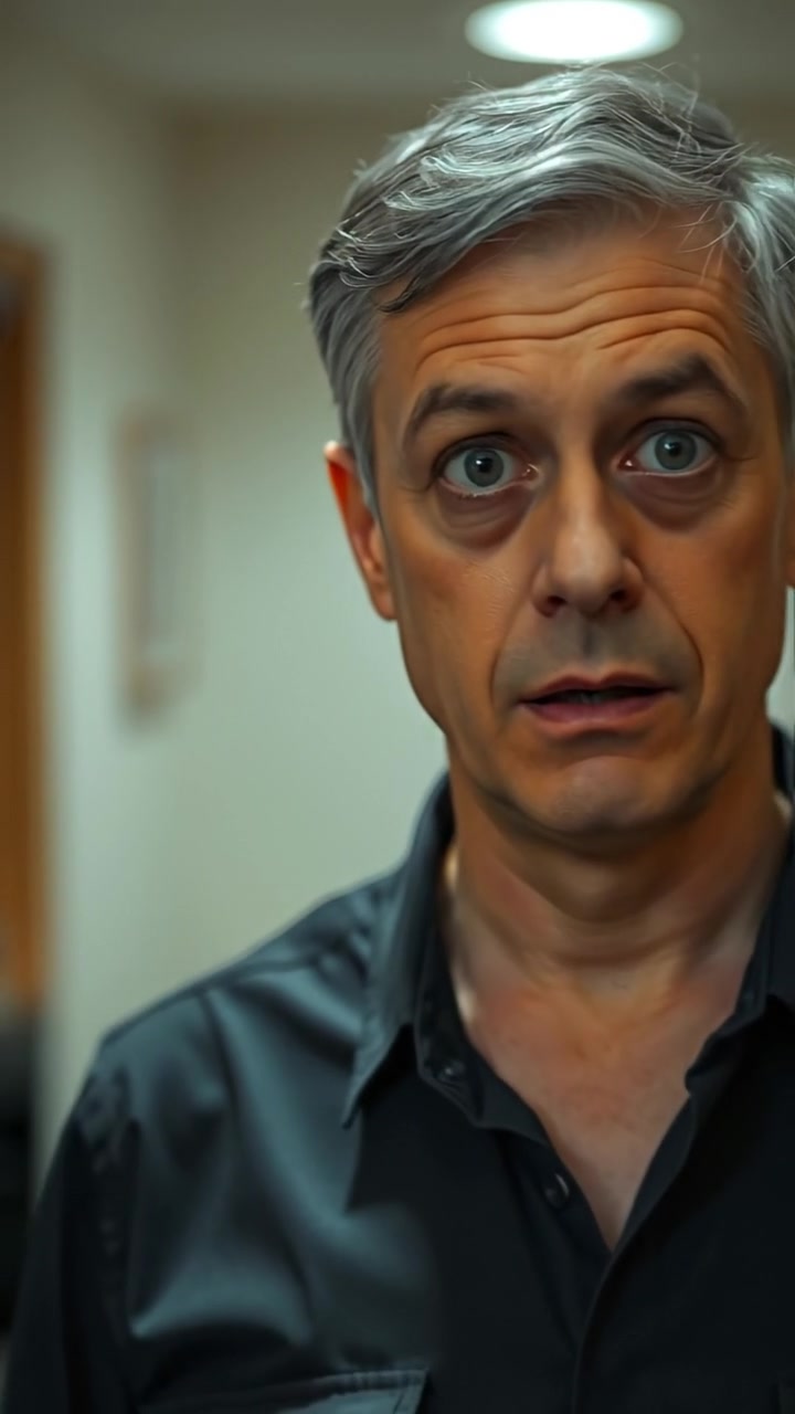 A close-up of Mark standing silently with a surprised and guilty expression, illuminated by soft natural light, capturing nuanced facial details with a smooth camera zoom-in. The background is softly blurred, emphasizing his emotional reaction. The audio features gentle ambient sounds to evoke a reflective mood.