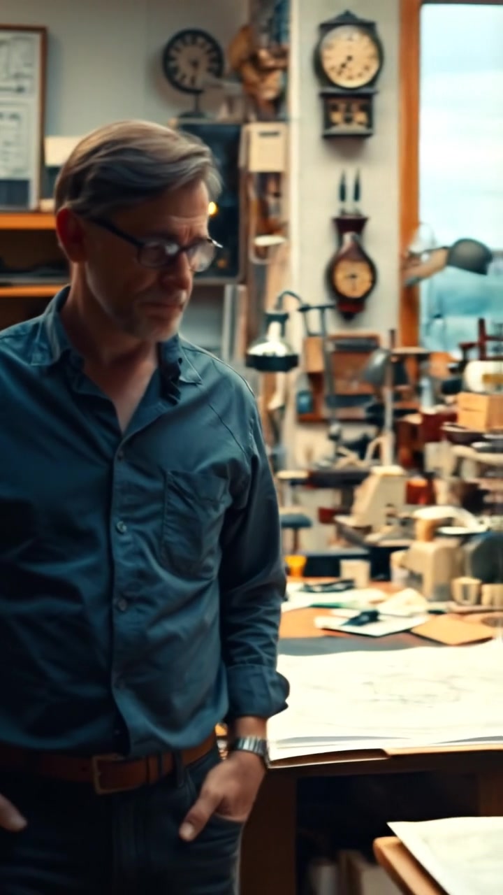 Mark in his cluttered workshop filled with blueprints and gadgets, captured with a high-detail cinematic shot. Natural warm lighting highlights the chaos, and the camera smoothly pans across the workspace. The background features an overcast sky through a window, with ambient workshop sounds.