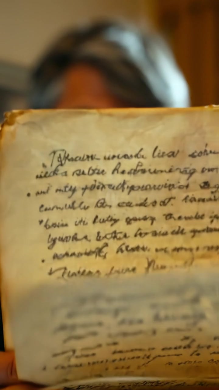 A close-up of an aged, slightly crumpled paper with blurry, handwritten text in Mark's familiar style, illuminated by soft, natural light, creating warm tones and gentle shadows, with a smooth camera zoom-in capturing intricate details. The background features a quiet, softly lit desk with a vintage feel. The audio features faint pages rustling.