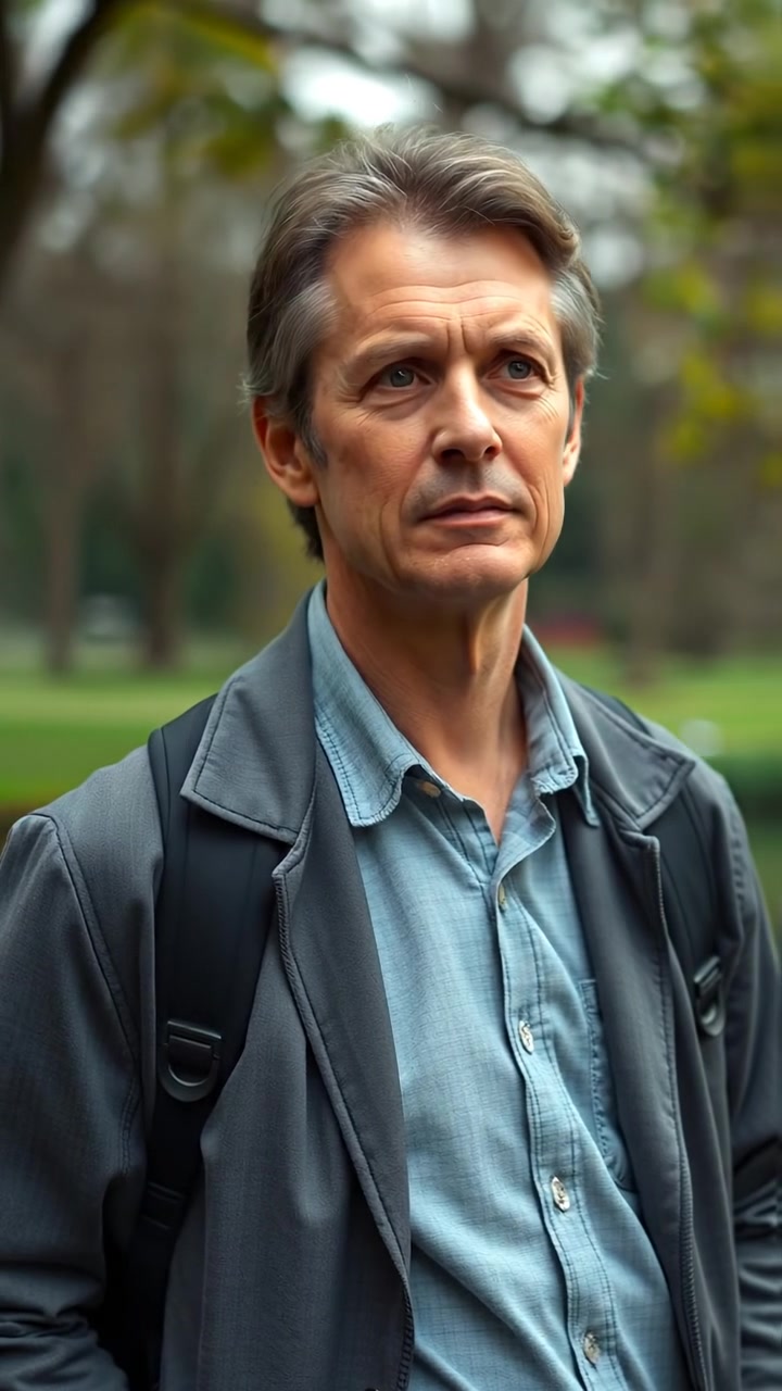 A portrait of Mark standing in a lush park, gazing thoughtfully into the distance. Natural lighting highlights his features, with soft shadows and a gentle breeze rustling the leaves. The camera employs a smooth dolly shot to capture his contemplative expression. The background features trees and a tranquil pond. The audio features ambient sounds of nature.