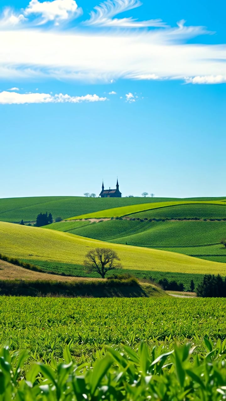 A peaceful farm landscape with rolling green fields under a clear blue sky, captured in natural lighting and high detail. Smooth camera movement offers an expansive aerial view, emphasizing tranquility and openness. The background audio features gentle wind and distant birdsong.