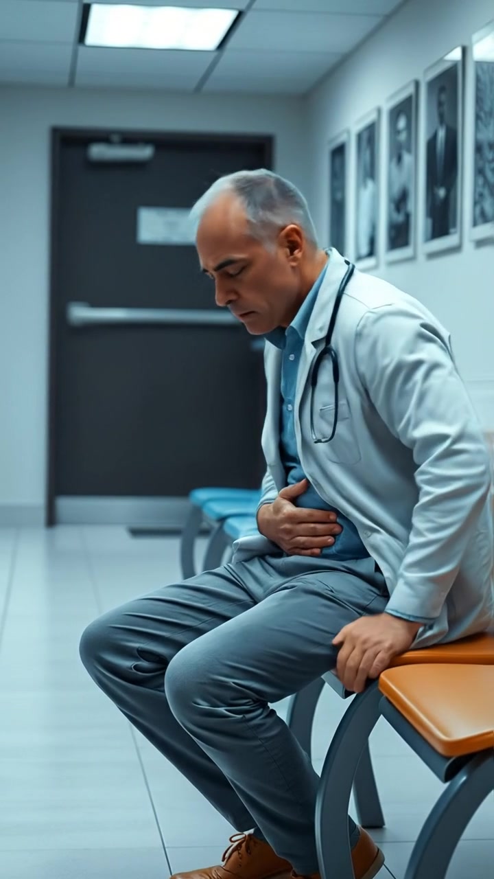 A concerned man sitting in a doctor's office waiting room, clutching his stomach, illuminated by natural light with soft shadows, captured in high detail with smooth camera movement. The background features medical posters and a reception desk, creating a clinical atmosphere. The audio features subtle ambient office sounds.