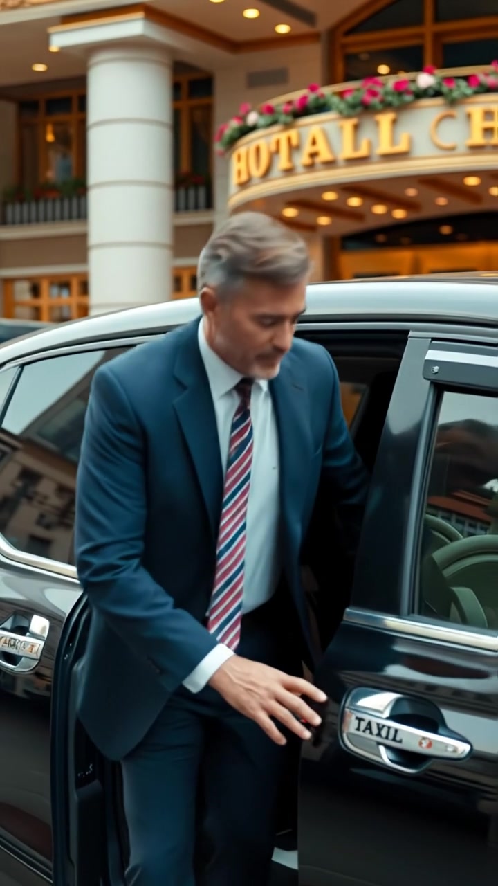 A well-dressed businessman steps into a sleek black taxi outside a grand hotel with luxurious architecture, illuminated by soft, warm lighting with high detail and smooth camera movement, capturing a cinematic dolly shot. The background audio features ambient city sounds. 