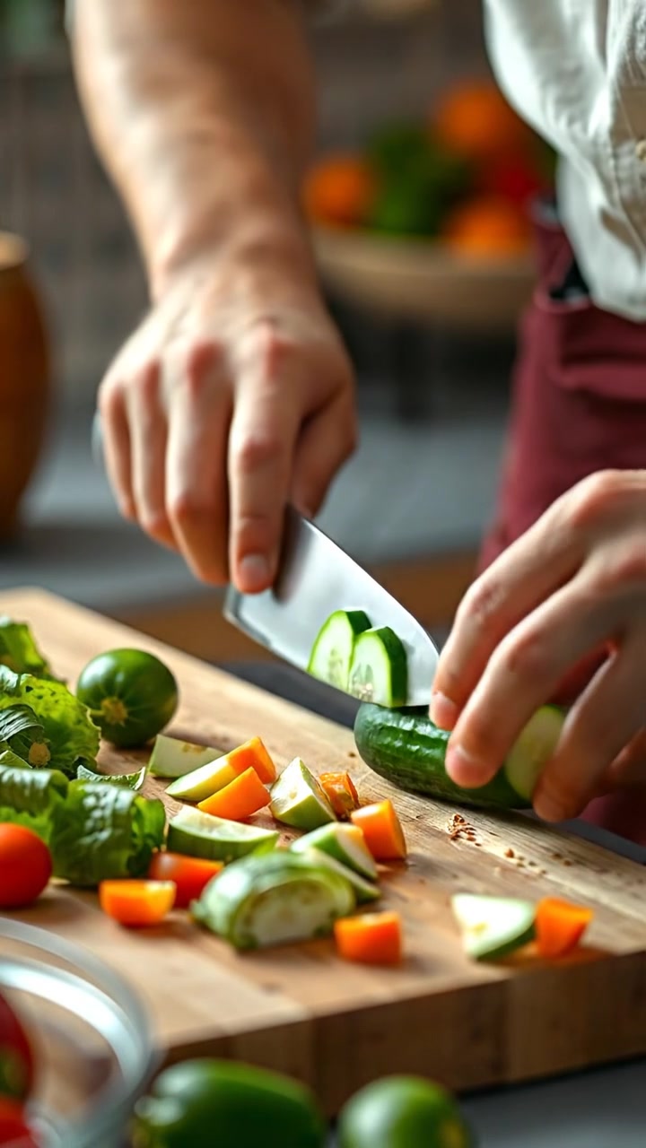 A close-up shot of Mark's hands skillfully chopping colorful vegetables on a rustic wooden cutting board, captured in natural warm lighting with high detail and smooth camera motion. The background features a cozy kitchen ambiance, with soft shadows and a hint of sunlight filtering through. The audio features gentle chopping sounds.