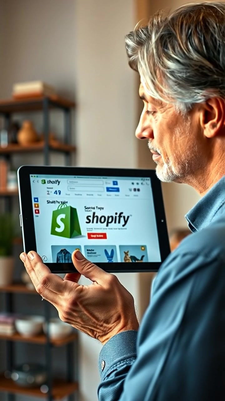 A close-up of Mark holding a tablet displaying a Shopify store homepage, with bright natural lighting illuminating the scene, creating sharp details and smooth camera focus, capturing a modern and accessible retail environment. The background features a cozy, softly blurred home setting; ambient sounds of subtle background chatter.