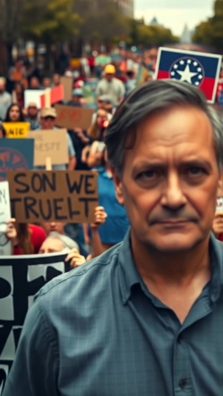 Mark standing in front of a large crowd of protesters holding signs, under natural lighting with high detail and a smooth camera zoom-in. The scene is vibrant and energetic, with diverse expressions and colorful signs. The background features an overcast sky. The audio features chanting of the crowd.