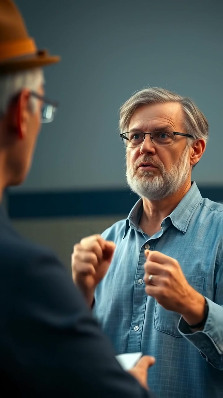 A man named Mark giving a passionate lecture in front of an engaged audience, with warm natural lighting and soft shadows highlighting his expressive gestures, captured in a smooth dolly camera shot that emphasizes his enthusiasm; the background features a modern lecture hall with detailed textures. The audio features gentle ambient sounds of the audience listening attentively.