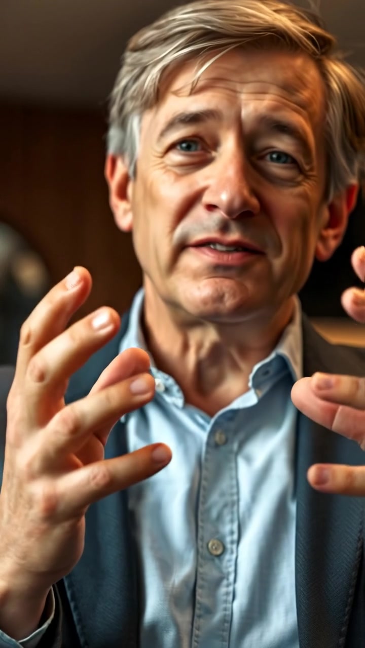 A close-up shot of Mark's hands animatedly gesturing while speaking, captured with natural lighting and high detail. The camera smoothly tracks his movements, emphasizing expressiveness against a blurred background. The scene exudes a warm, inviting tone. The audio features subtle ambient room sounds.