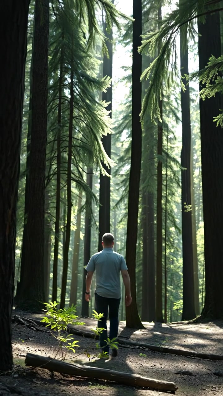A man walking through a lush forest with tall trees and dappled sunlight filtering through leaves, captured with natural lighting and high detail. The camera follows him in a smooth dolly shot, creating a serene and immersive atmosphere. The background features gentle forest sounds and birdsong.