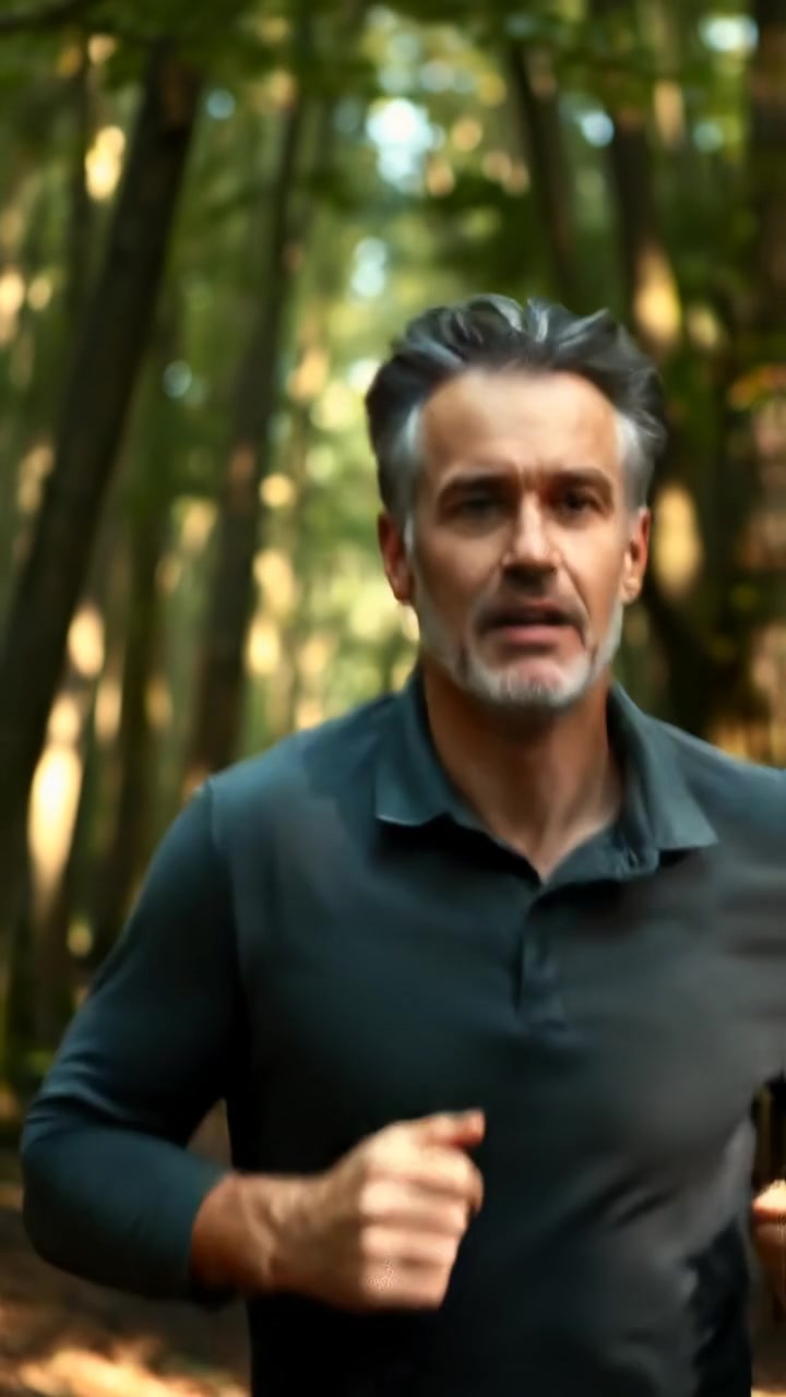 Mark running through a dense forest with an urgent expression, surrounded by towering trees casting deep shadows, captured in natural lighting with high detail, smooth camera movement, and an immersive atmosphere. The background features the sounds of rustling leaves and distant bird calls.