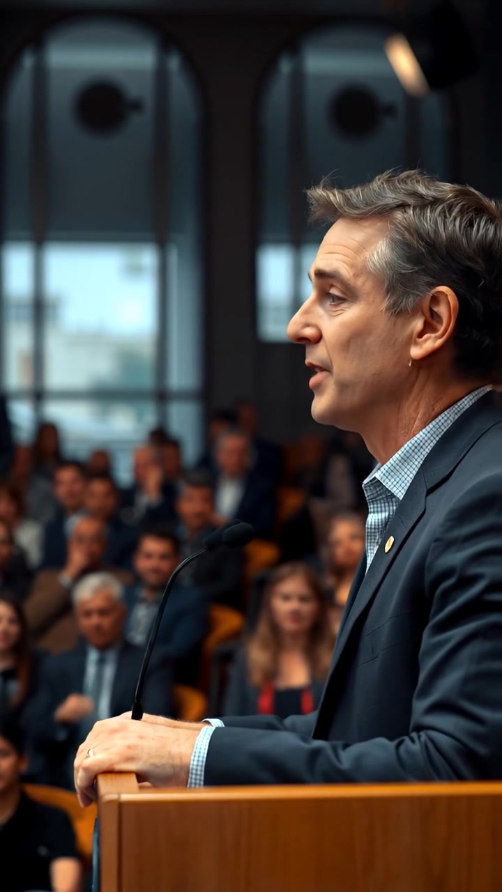 A passionate speaker at a podium with an attentive audience in the background, natural lighting highlighting expressive gestures, close-up shot with smooth camera movement, warm tones creating an engaging atmosphere, soft shadows adding depth, the background sound features subtle audience applause.