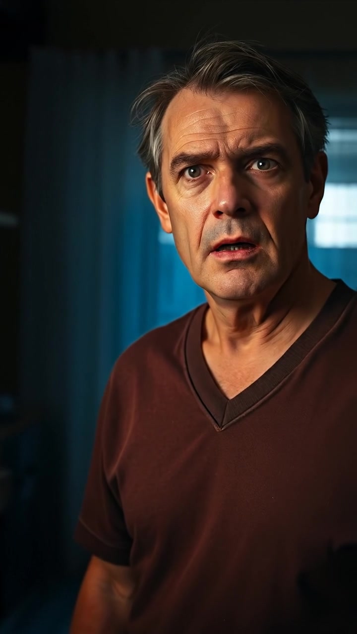 Mark standing in a dimly lit room, looking alarmed with a tense posture, captured in a close-up shot with soft shadows and high detail, utilizing natural lighting to emphasize his anxious expression, with smooth camera movement. The background features subtle textures of the room. The audio features tense ambient sounds.