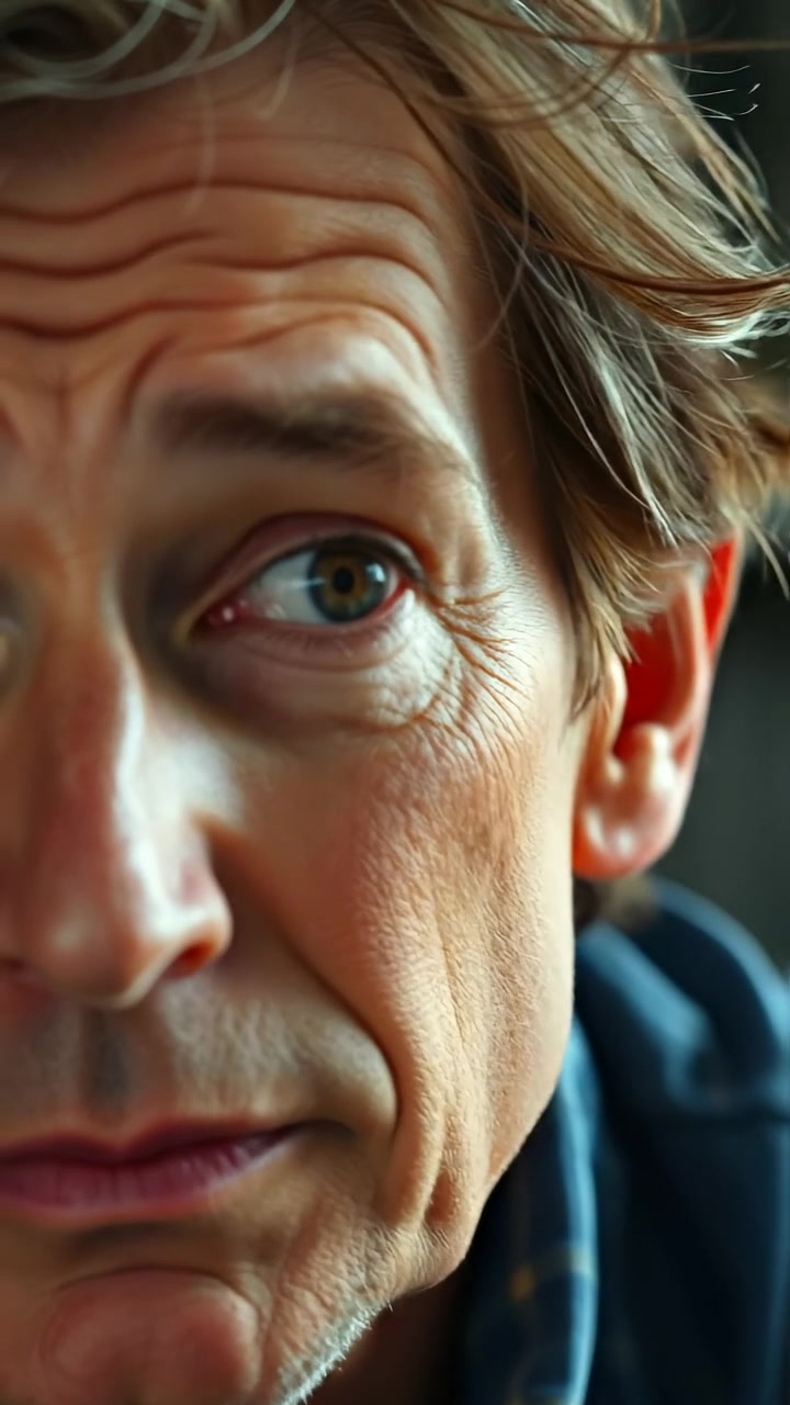 Close-up of Mark's face with twinkling eyes and a thoughtful expression, captured in soft natural lighting with high detail. The camera smoothly zooms in, highlighting subtle facial details against a blurred background, emphasizing introspection. The background audio features gentle ambient sounds.
