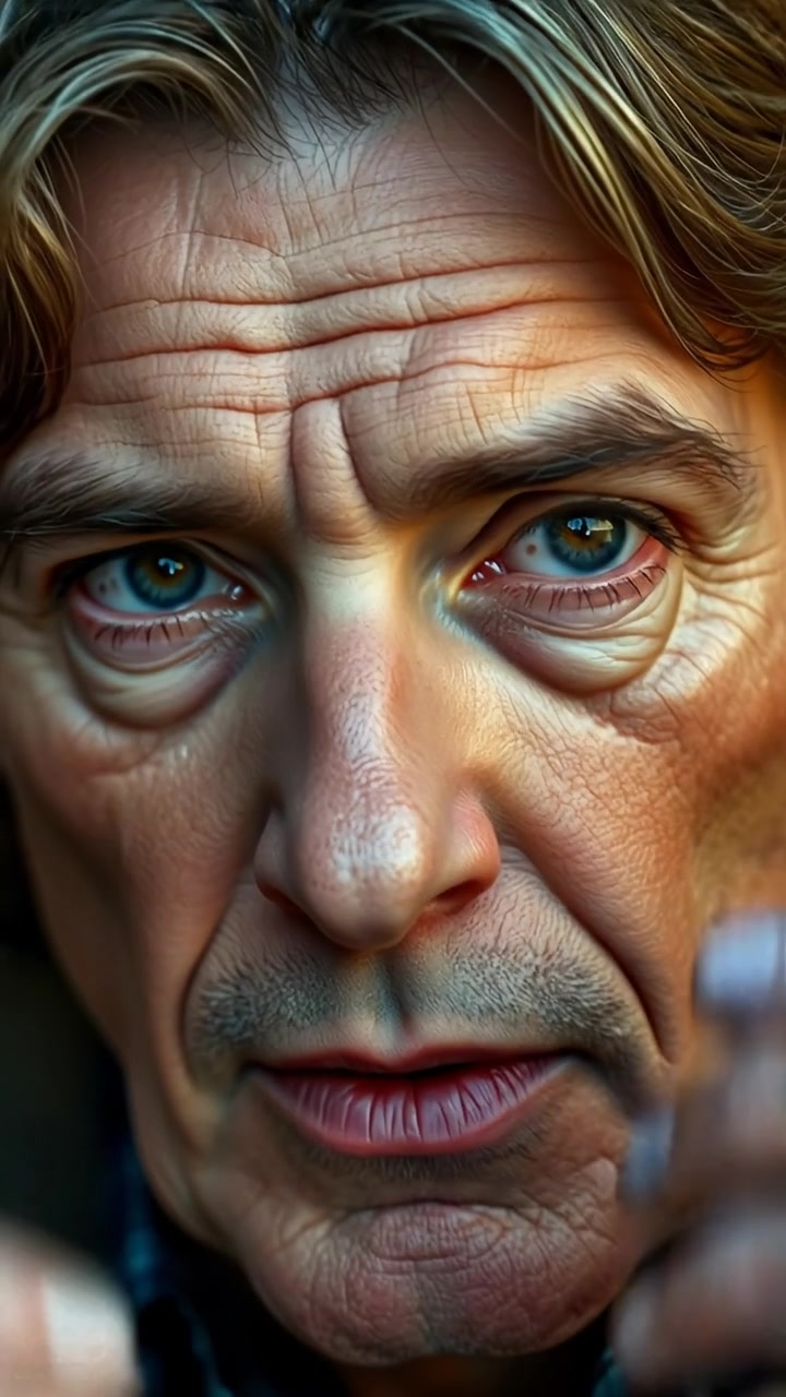 Close-up of Mark's face with eyes reflecting determination and longing, illuminated by soft, natural lighting. Cinematic smooth camera focus enhances facial details, with a blurred background that hints at emotional depth. The scene evokes a sense of introspection and hope, accompanied by gentle ambient music and subtle melodic tones.