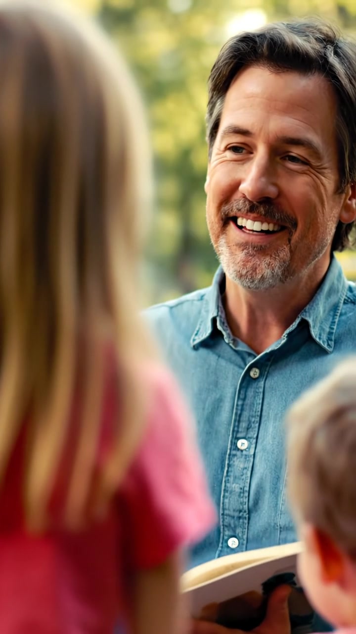 Mark telling a story to children gathered around him in a lush park, under a warm sun with gentle breezes. The scene is vibrant and detailed, with a smooth camera zoom-in, capturing the engaging expression on Mark's face and the excited children. Soft ambient sounds of children laughing and birds chirping in the background.