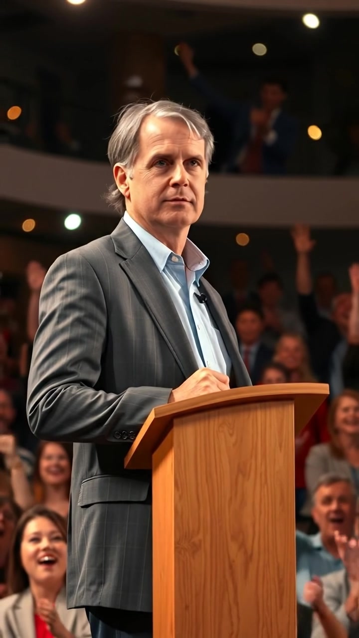 Mark standing confidently at a podium in front of a cheering crowd, illuminated by natural lighting with high detail and smooth camera movement, capturing a wide-angle shot that emphasizes his commanding presence against a backdrop of vibrant supporters. The audio features uplifting crowd cheers in the background.