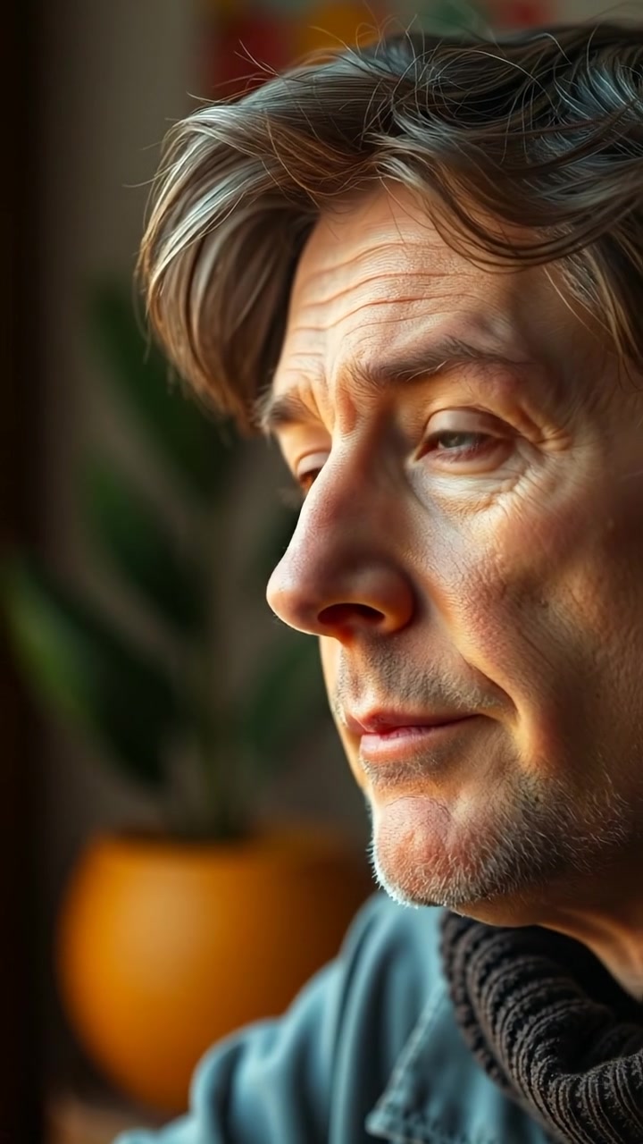 Close-up of Mark's thoughtful face with soft shadows and natural lighting, capturing every detail and subtle emotion. The camera slowly zooms in, emphasizing introspection in a serene setting. Background features a blurred, calming natural landscape. The audio features gentle ambient music.