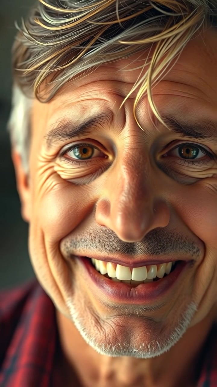 Close-up of Mark's face with a big smile, contrasted by eyes reflecting deep sadness, illuminated by soft natural lighting, high detail, smooth camera focus, evoking emotional complexity, with a blurred background emphasizing facial expressions. The audio features gentle, melancholic piano music in the background.