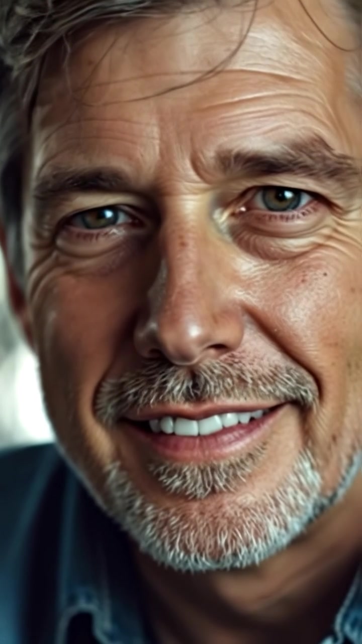 Close-up of Mark with an encouraging expression, captured in natural lighting with high detail, gentle camera focus emphasizing his confident smile. Soft background bokeh adds depth, and the scene features subtle cinematic polish and smooth camera movement. The background audio features uplifting instrumental music.