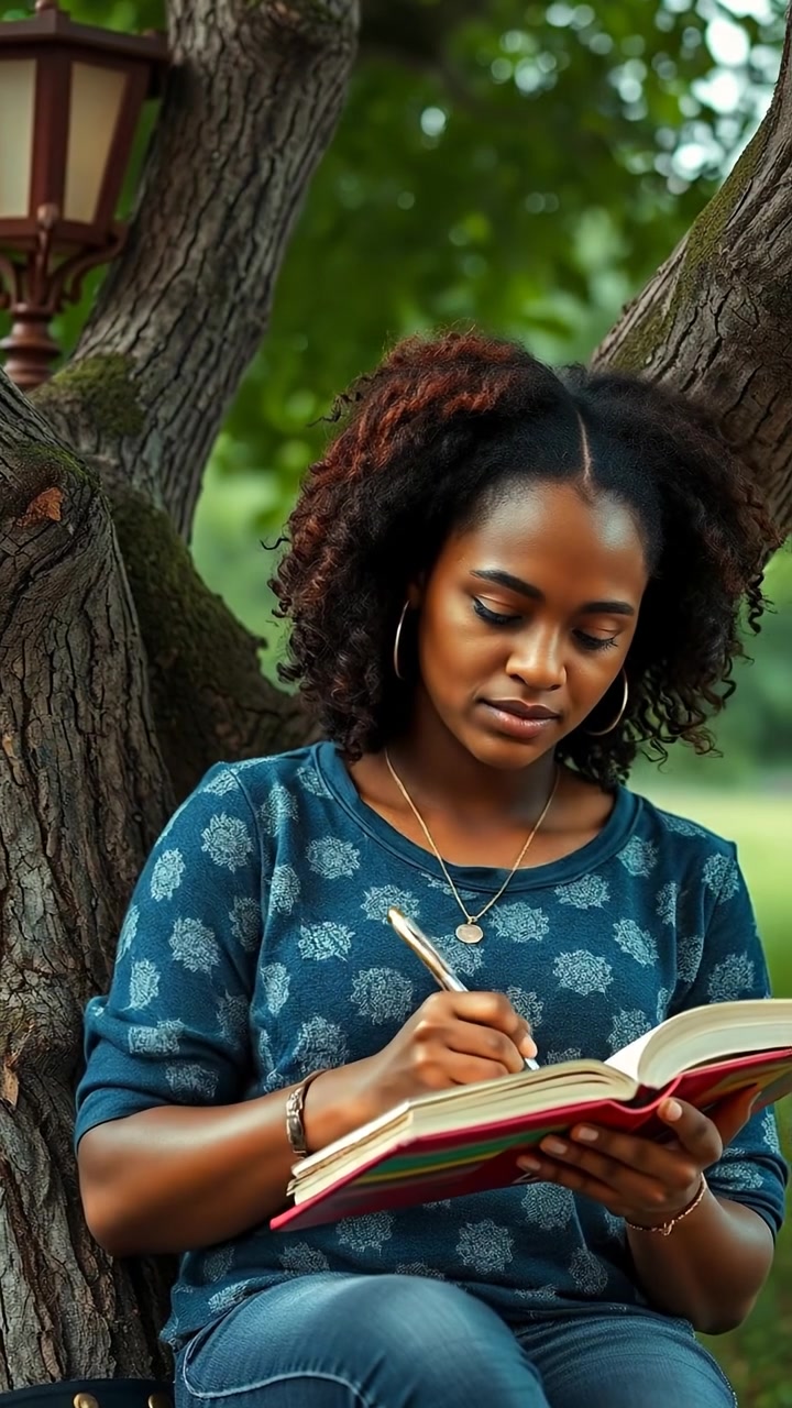 A young woman named Nia writing thoughtfully in her journal beneath a large, leafy tree in a tranquil park. Natural lighting highlights her focused expression, with soft shadows and warm tones creating a serene atmosphere. Smooth camera movement captures the peaceful scene. The background features gentle rustling leaves and distant birdsongs.