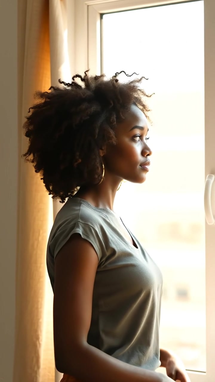 Nia stands in a bright, sunlit room gazing contemplatively out of a large window, with warm natural light highlighting her features and casting soft shadows. The scene features smooth camera movement and a serene atmosphere, with gentle ambient sounds of a quiet, peaceful space.