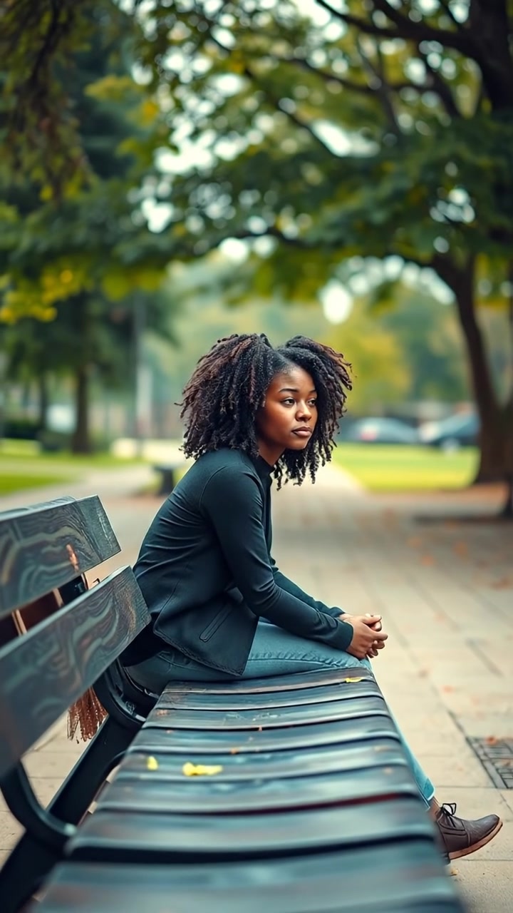 A thoughtful woman named Nia sitting alone on a park bench during late afternoon, gazing into the distance. The scene is bathed in warm, natural light with soft shadows, captured in high detail with smooth camera movement. The background features lush greenery and distant trees, complemented by gentle ambient sounds of rustling leaves and distant birds.
