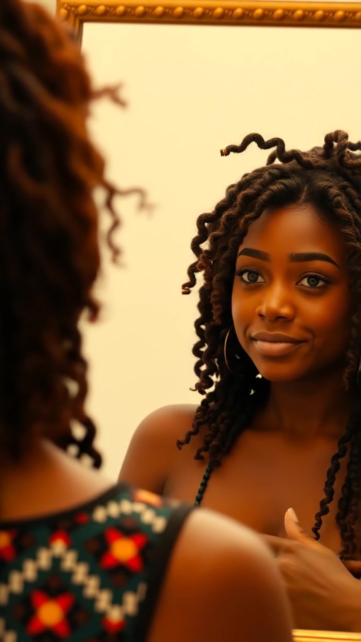 A woman named Nia gazes at her reflection in a large, ornate mirror, soft natural lighting highlighting her thoughtful expression. The scene is shot with smooth camera motion, capturing intimate details and warm tones that evoke introspection. The background features a cozy, well-lit room. The audio features gentle ambient music.