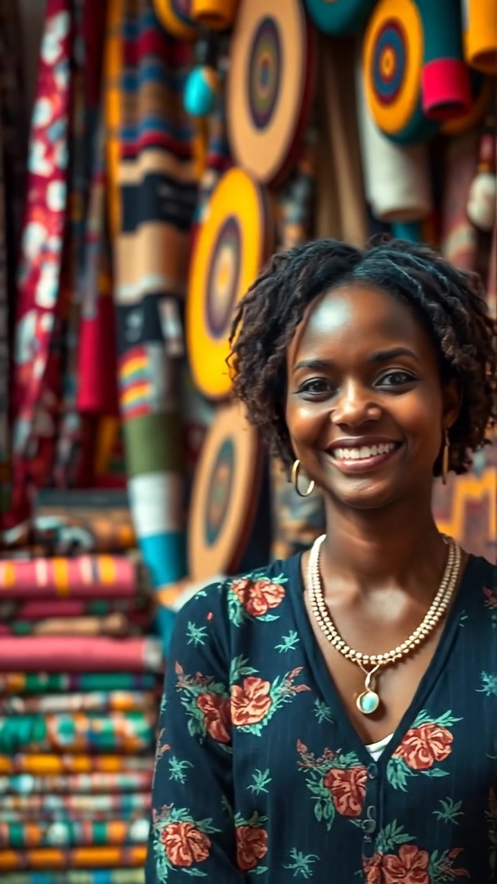Nia smiling warmly at her vibrant fabric shop, surrounded by an array of colorful textiles and intricate designs under soft, natural light. The scene features smooth camera movement capturing the cheerful atmosphere with a cozy ambiance. The background audio includes gentle shop chatter and rustling fabrics.