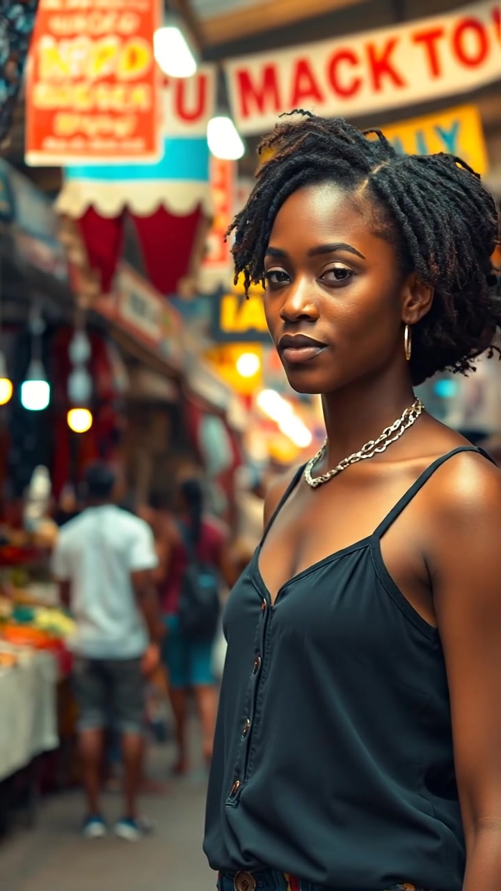 Nia standing in a vibrant marketplace bustling with lively crowds and colorful stalls, captured with natural lighting, high detail, and smooth camera movement, possibly a dolly shot showcasing the lively environment. The background features vibrant fabrics and fresh produce. The audio features ambient market sounds and distant chatter.