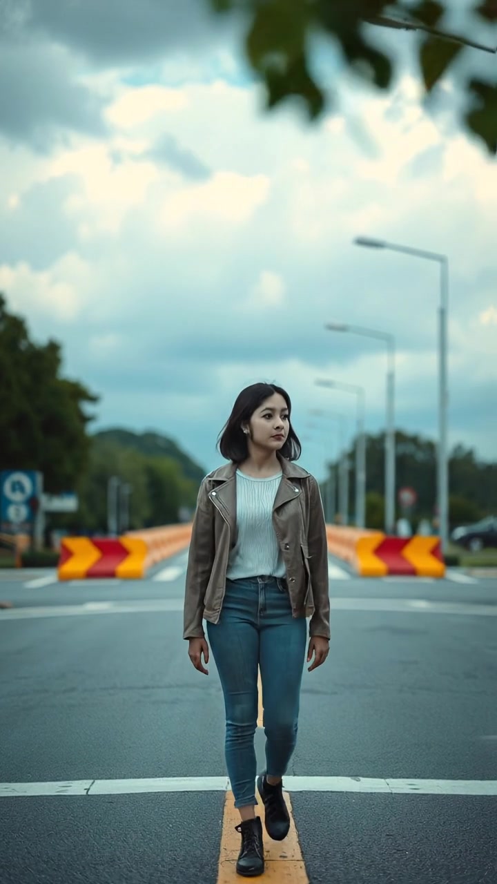 A young woman at a crossroads under a cloudy sky, standing thoughtfully and gazing in both directions. Natural lighting with high detail, smooth camera movement capturing her contemplative stance, soft shadows and overcast ambiance. The background features a quiet rural intersection, with gentle wind. The audio features soft wind sounds.