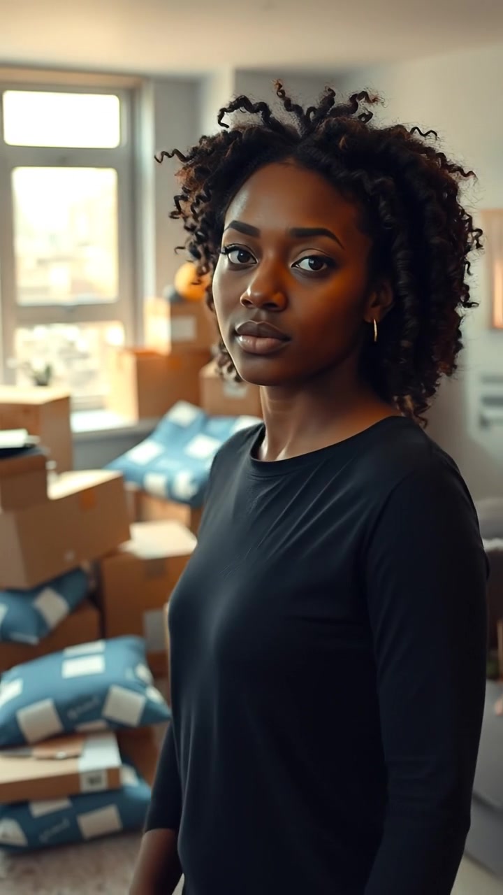 A small city apartment with scattered boxes, Nia stands in the living room. The scene features natural lighting, high detail, and smooth camera movement as it slowly pans across the cluttered space, capturing the intimate atmosphere. The background audio features distant city noise and gentle interior ambiance.