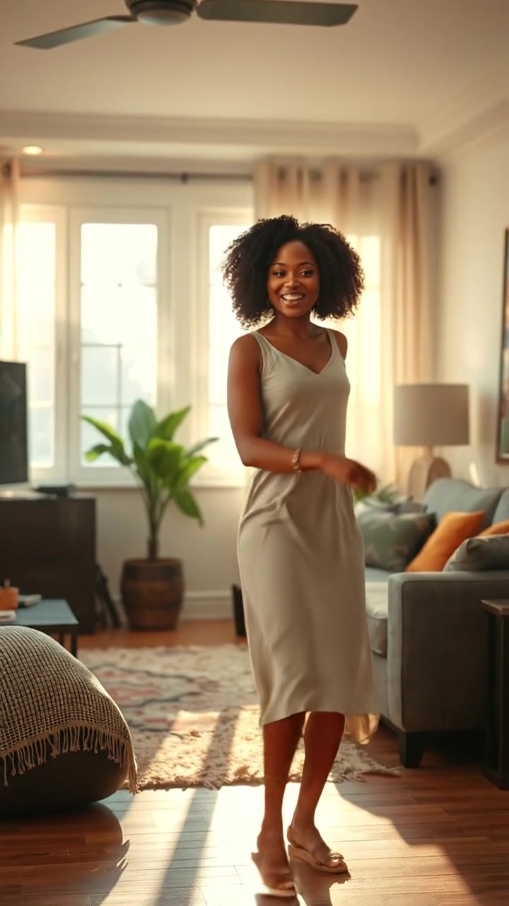 A wide shot of a cozy living room illuminated by warm sunlight streaming through large windows. Nia dances carefree, her movements smooth and joyful. The scene features natural lighting, high detail, and gentle camera motion to capture her joyful expression. The background features soft ambient sounds of gentle wind.