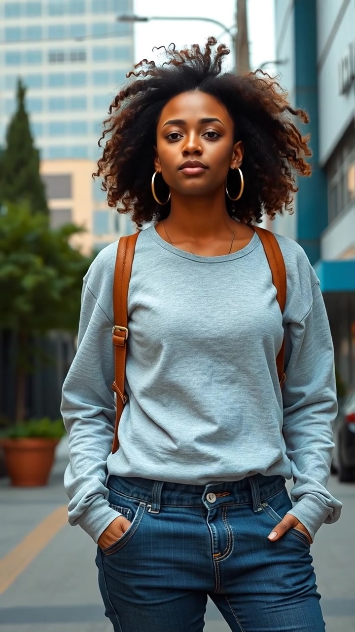 A portrait of Nia standing confidently in an urban environment, dressed casually, bathed in natural lighting with high detail. The camera captures a smooth, slightly upward dolly shot that emphasizes her stance against the cityscape. The background features modern buildings under a clear sky. The audio features city noises and distant traffic.