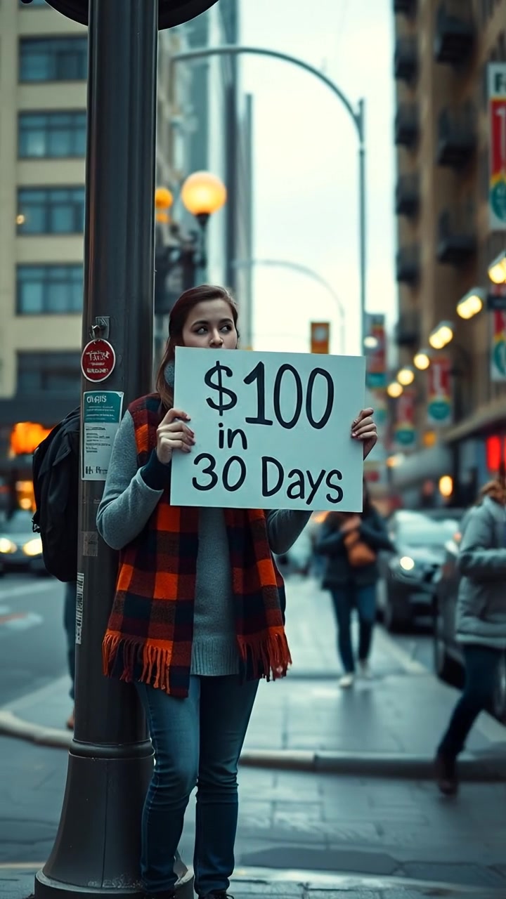 A young woman on a city street corner, holding a sign that reads '$100 in 30 Days', bathed in soft natural daylight, with a smooth camera tilt capturing her determined expression, urban background with blurred buildings, warm tones, subtle shadows, and ambient city sounds.