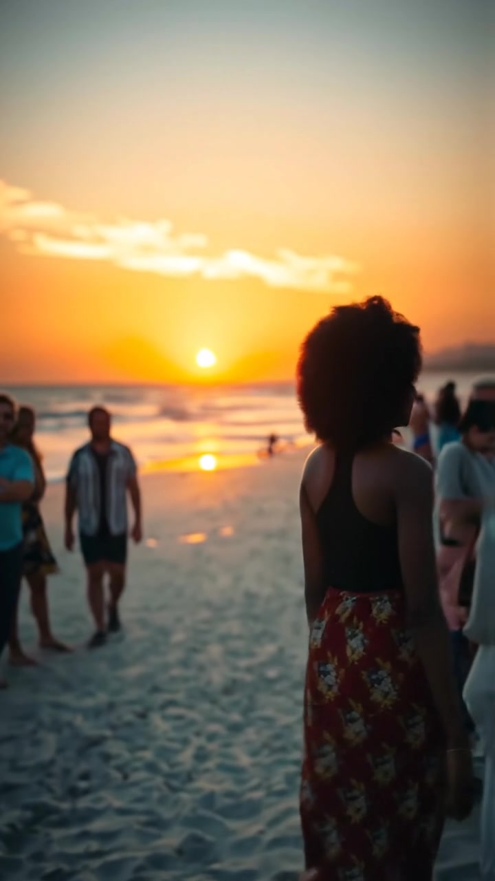 Nia walks away from a lively crowd along a serene beach at sunset, with warm golden hues, soft shadows, and gentle waves. The scene features natural lighting, smooth camera movement, and a tranquil atmosphere. The background sound features calming ocean waves.