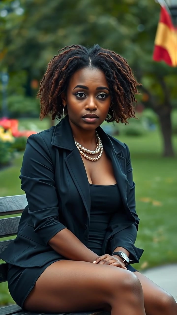 A woman named Nia sits contemplatively on a park bench beneath dappled sunlight, surrounded by lush greenery and blooming flowers, captured with smooth camera motion and warm ambient tones. The background features gentle rustling leaves, with soft natural lighting highlighting her reflective mood.