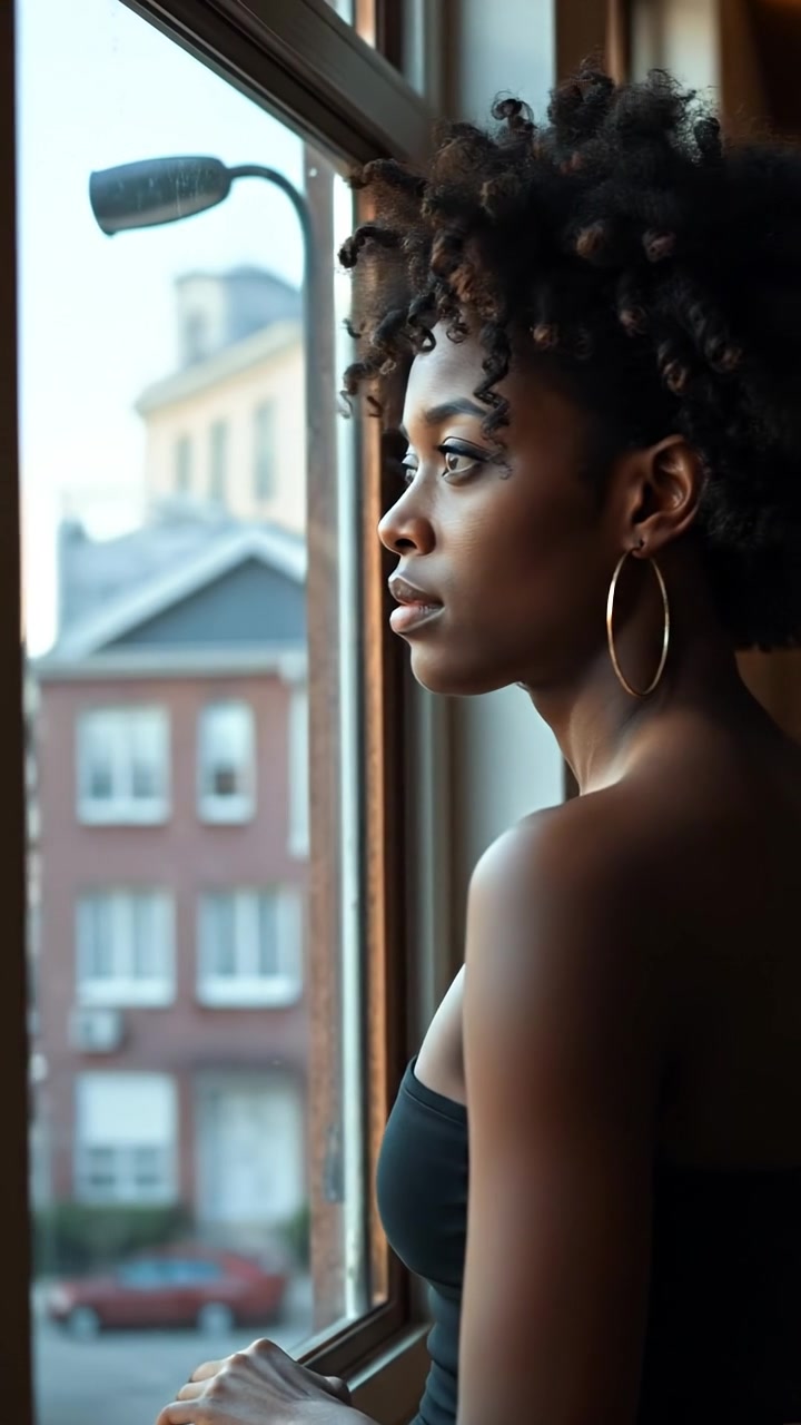 A woman named Nia stands at a large window, gazing out with a somber expression, soft natural lighting illuminating her face, high detail in her features, with a gentle camera dolly shot capturing her introspective mood against a quiet cityscape background, ambient sounds of wind outside.