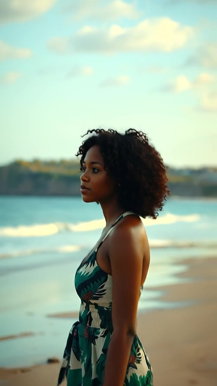 A serene scene of Nia strolling along a sandy beach at sunset, golden light reflecting off gentle waves, her contemplative expression captured with high detail and soft shadows, camera smoothly gliding parallel to her pace, with distant shoreline and sky in warm tones, ambient sounds of ocean waves in the background.