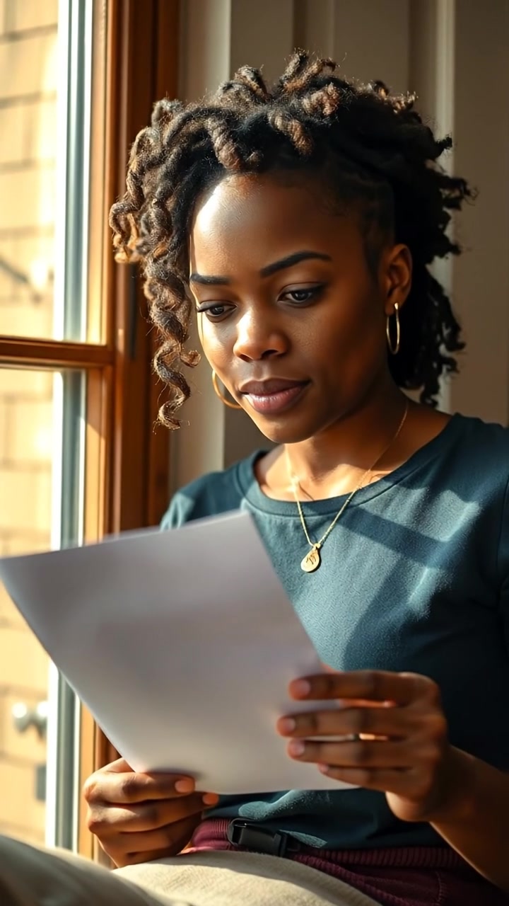 A woman named Nia reading a letter with a curious expression, sunlight streaming through a window, natural warm lighting, high detail, soft shadows, gentle camera zoom, tranquil ambiance, background audio features soft rustling of paper and ambient morning sounds.