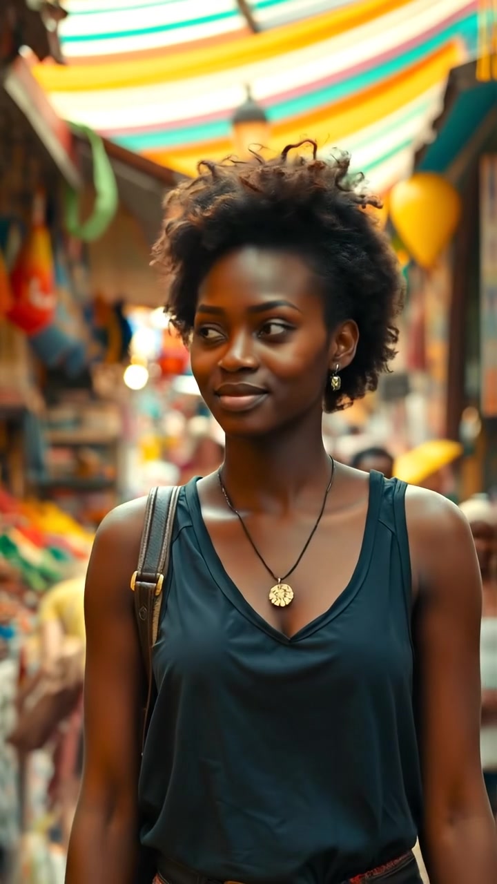 Nia walking through a vibrant market filled with colorful stalls and bustling crowds, captured in warm natural light with high detail and smooth camera movement, a lively and energetic atmosphere. The background features lively street sounds and distant chatter.