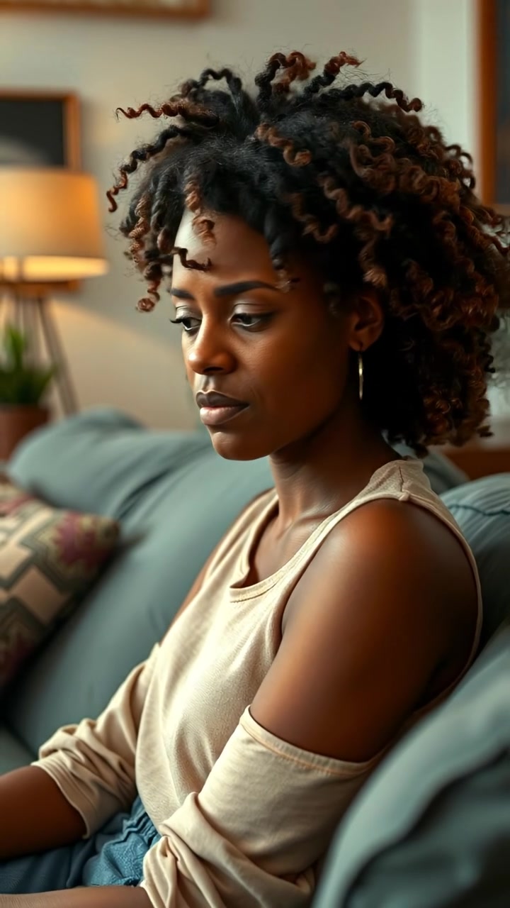 A woman named Nia with a puzzled expression sits on her living room sofa, surrounded by warm ambient lighting, soft shadows, and a cozy atmosphere. Capture a close-up shot with smooth camera movement to emphasize her contemplative mood, set against a softly textured background. The audio features gentle ambient music.